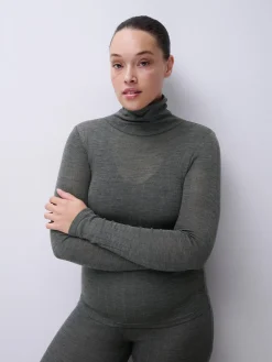 Rullekravebluse med langt ærme - merinould og silke - Slate Grey